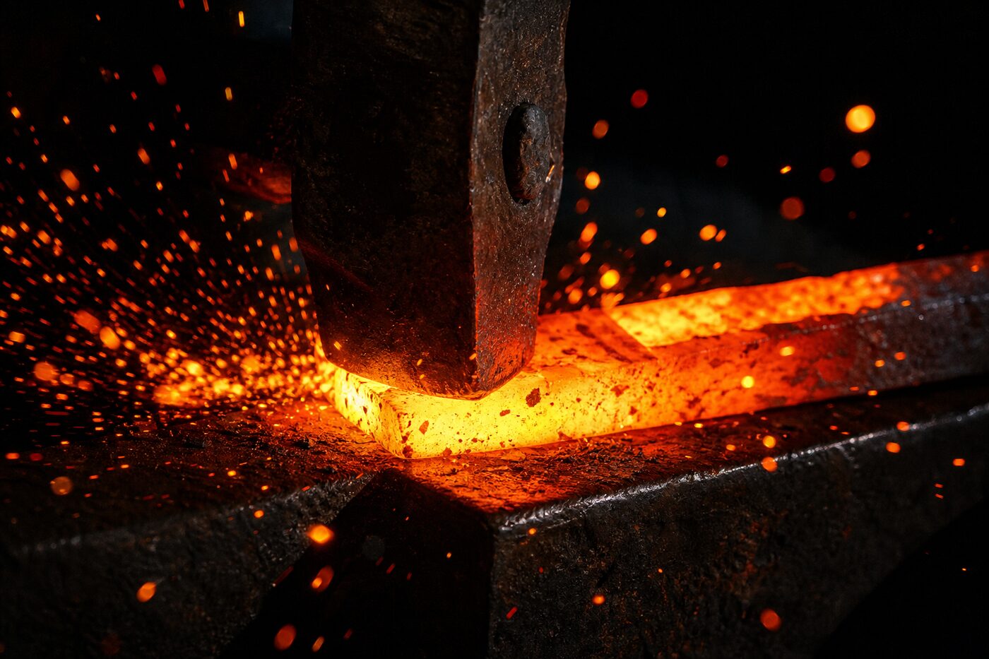 Molten iron being forged on an anvil